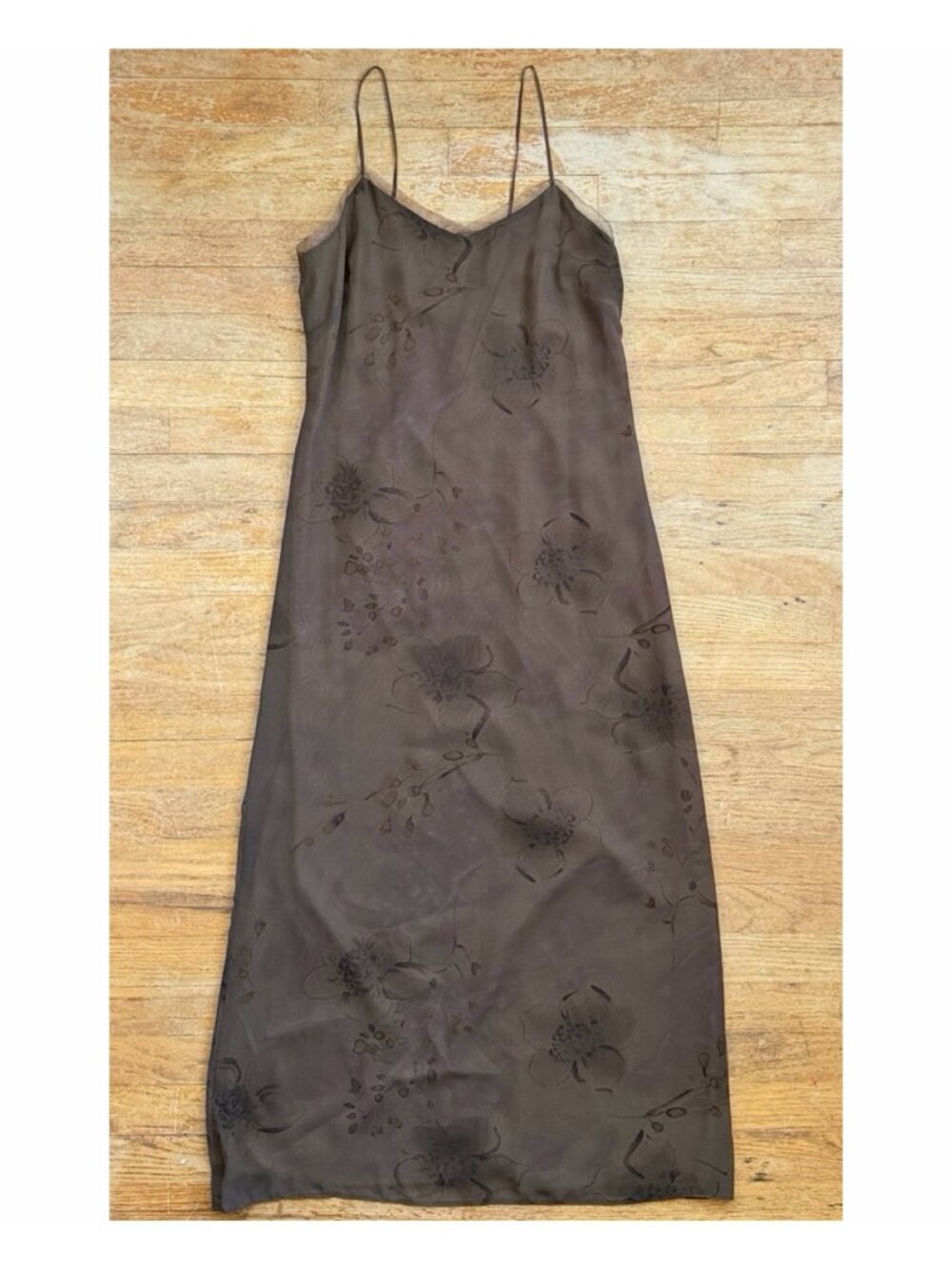 Vintage Brown Floral Print Slip Maxi Dress Size S/M 8 Sleeveless 90s David Warre